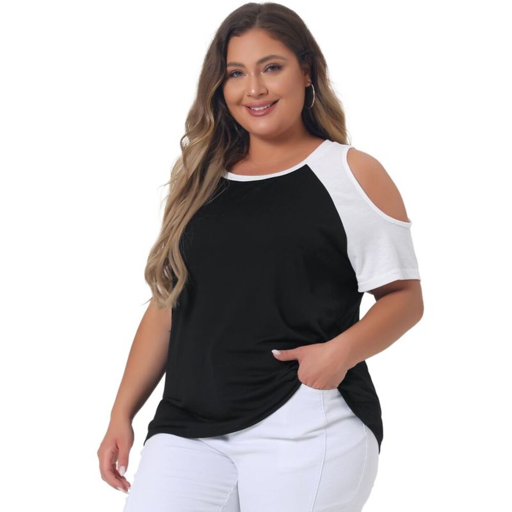 Plus Size Contrast Short Sleeve Cold Shoulder Shirts Tops Summer Blouse Black
